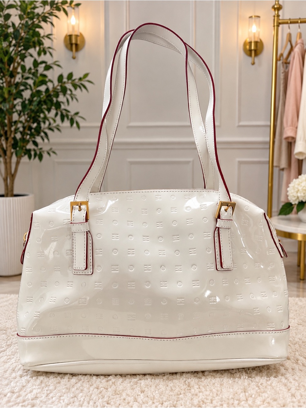 Arcadia Made in Italy White Patent Leather Embossed Shoulder Bag NWOT